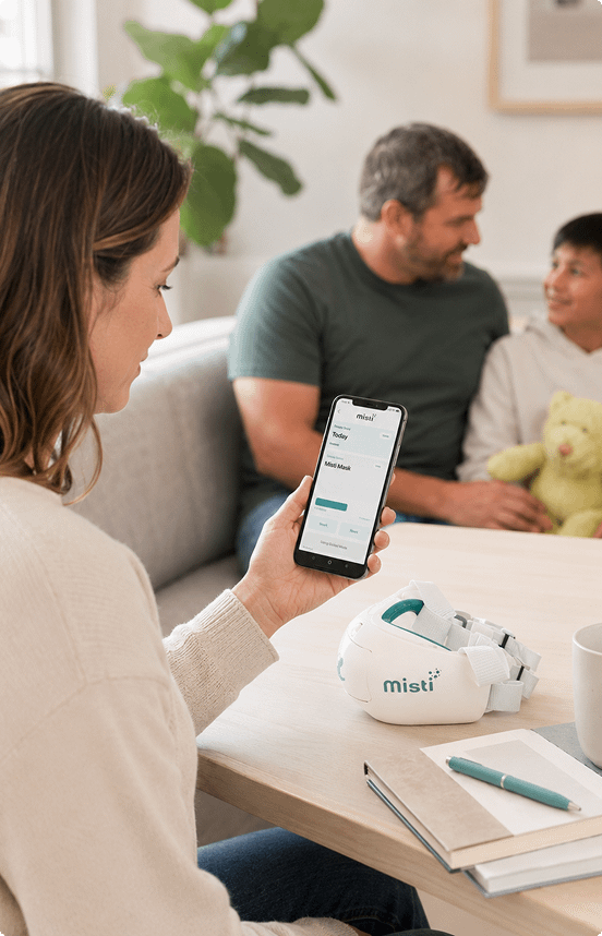 A woman sits holding a smartphone displaying the "Misti" app. A man and child with a teddy bear converse in the background, creating a warm, family atmosphere.